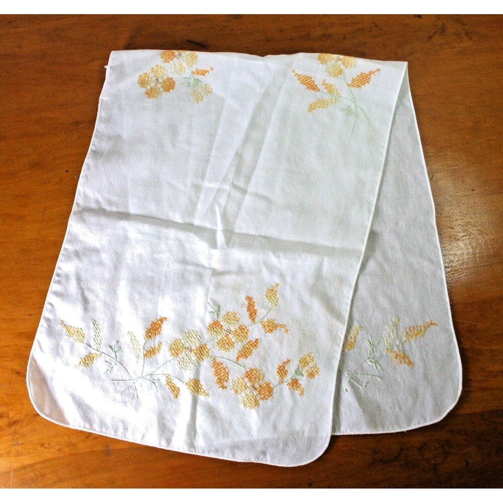 Vintage Hand-Embroidered White Fabric Dresser Scarf Autumn Colored Flowers